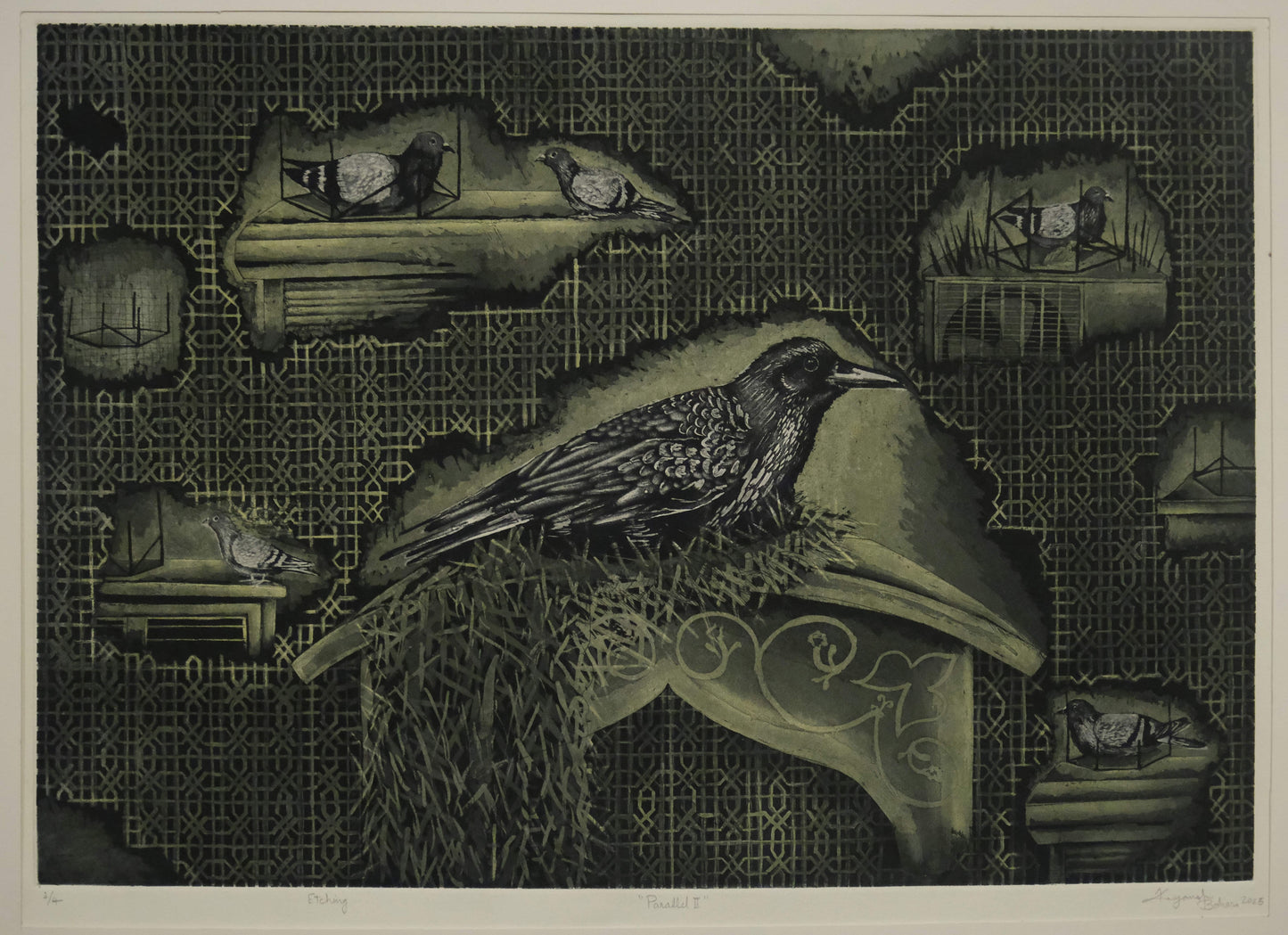 Artistic depiction of a bird on a textured surface with geometric patterns, Etching on acid free paper, 20 X 28 Inches