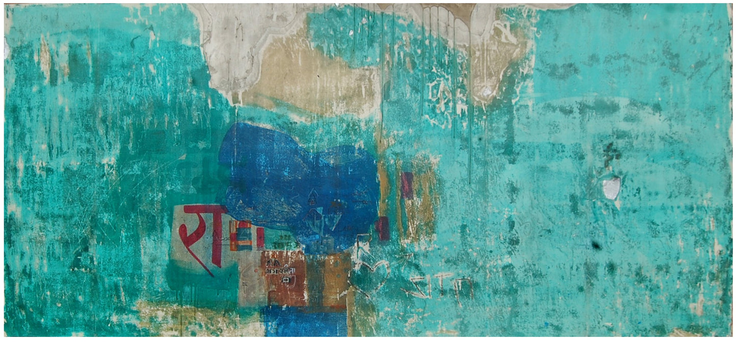 Abstract art piece with geometric shapes and text on a textured background, Mix Media on Mount Board, 48 X 96 Inches