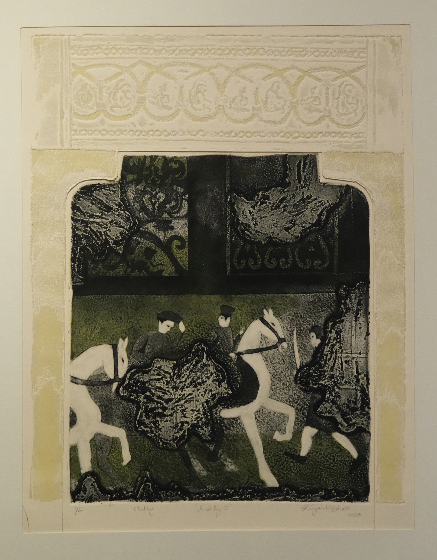 Artistic depiction of people on horseback with decorative elements at the top and bottom, Etching and viscosity on acid free paper