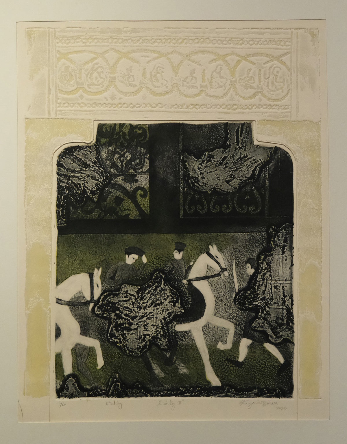 Artistic depiction of people on horseback with decorative elements at the top and bottom, Etching and viscosity on acid free paper