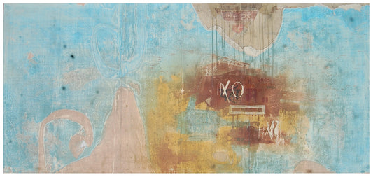 Abstract artwork with text and symbols on a textured background