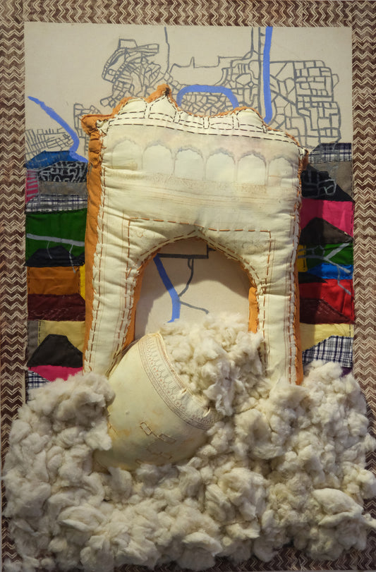 Textile art piece with a door and cloud-like material on a colorful background, Linocut,Textile Relief, Photo Transfer, Patch Work, and Acrylic on Canvas, 24 X 36 Inches